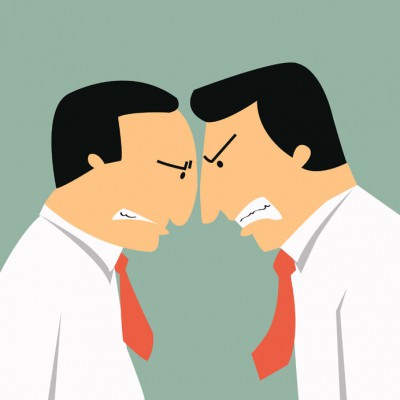 28875491 - two angry businessmen head butting in business concept in conflict and confrontation
